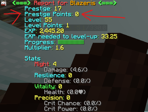 Level screen showing prestige points